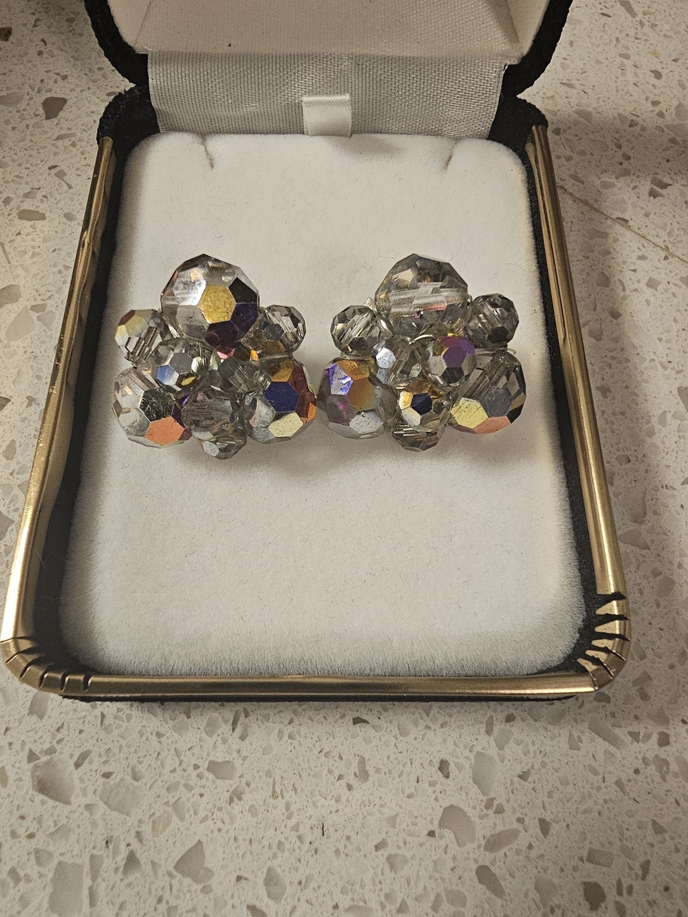 Vintage Crystal Cluster Clip-On Earrings - Iridescent